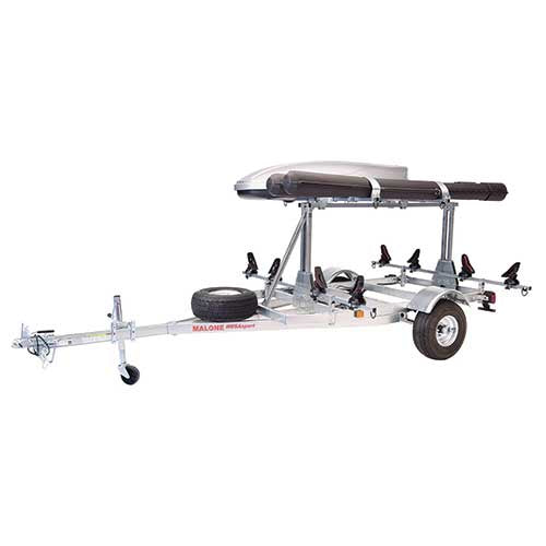 Malone MegaSport LowBed 2 Kayak Trailer Package with 2nd Tier, Spare Tire, SaddleUp Pros, Cargo Box, & Rod Tubes