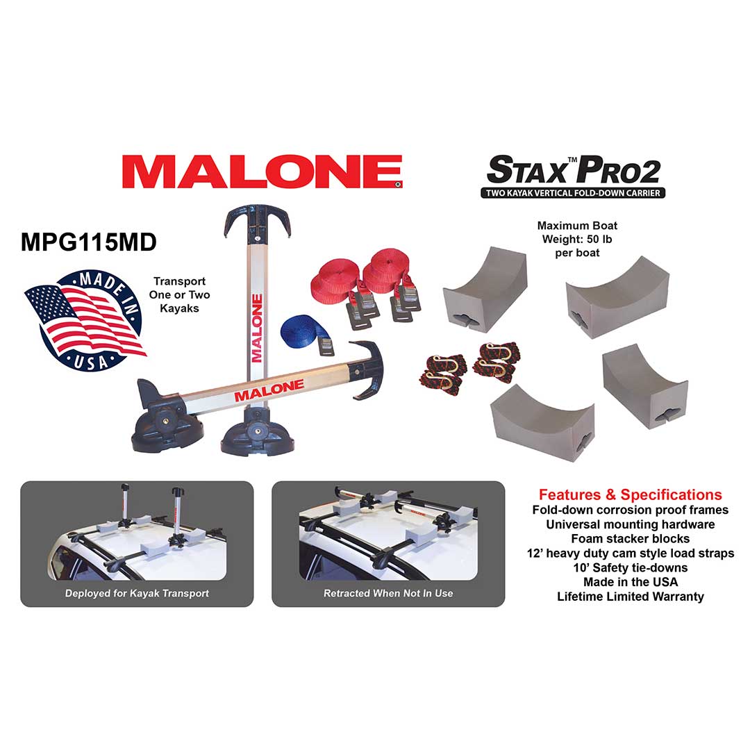 Malone Stax Pro 2 Kayak Carrier w/Tie Downs - Post Style, Folding