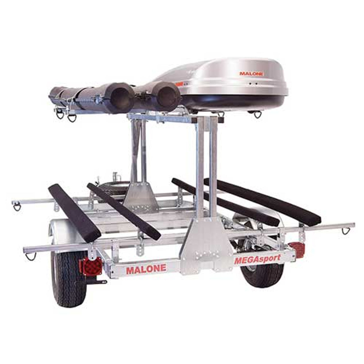 Malone MegaSport LowBed 2 Kayak Trailer Package with 2nd Tier, Spare Tire, Bunks, Cargo Box & Rod Tubes
