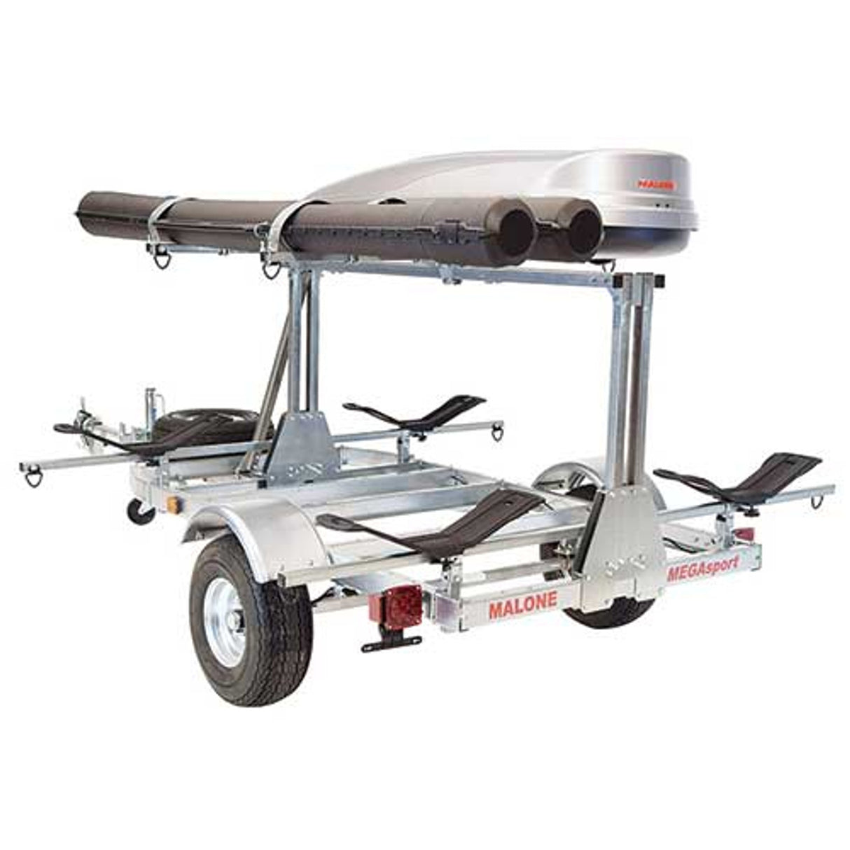 Malone MegaSport LowBed 2 Kayak Trailer Package with Spare Tire, MegaWings, Cargo Box, & Rod Tubes