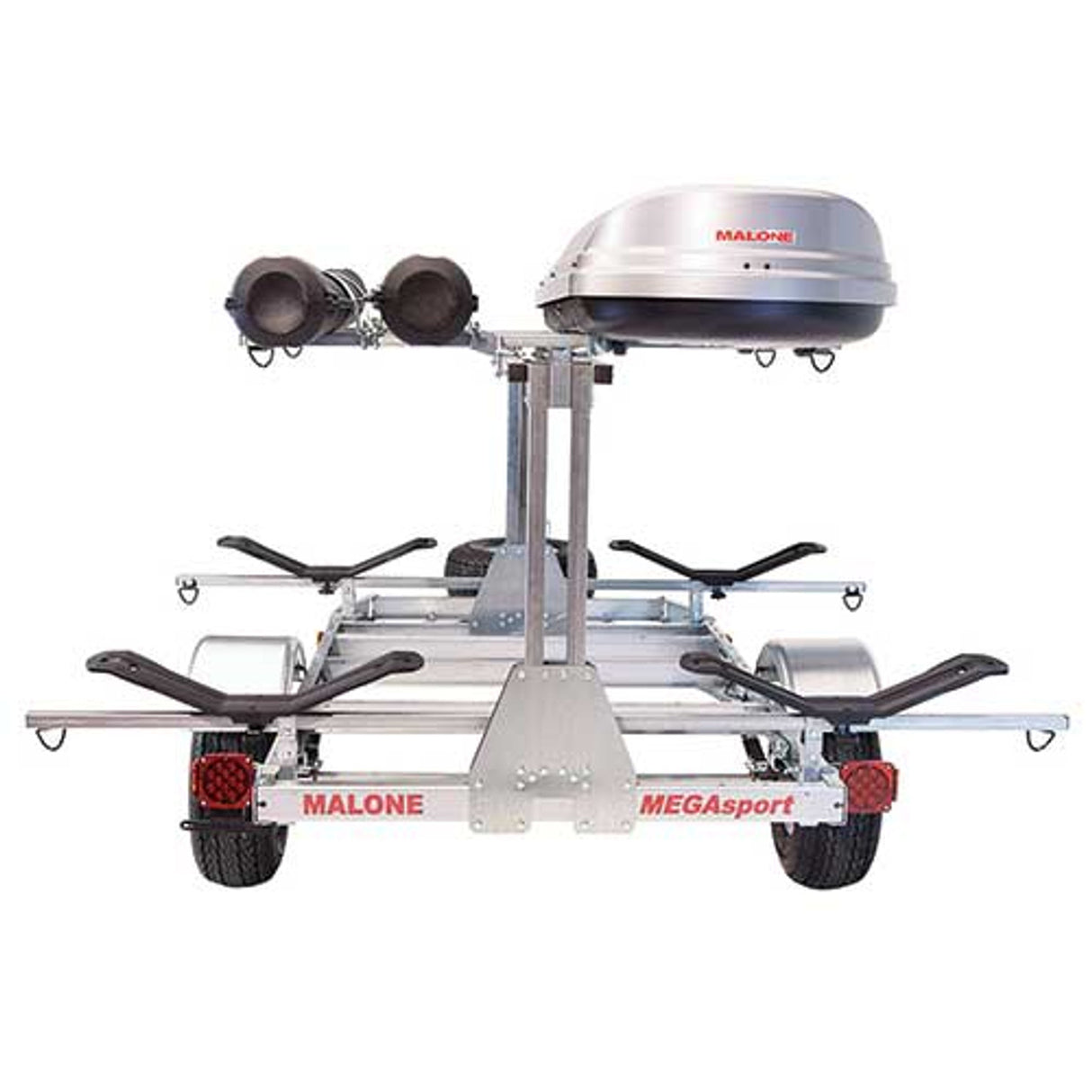 Malone MegaSport LowBed 2 Kayak Trailer Package with Spare Tire, MegaWings, Cargo Box, & Rod Tubes