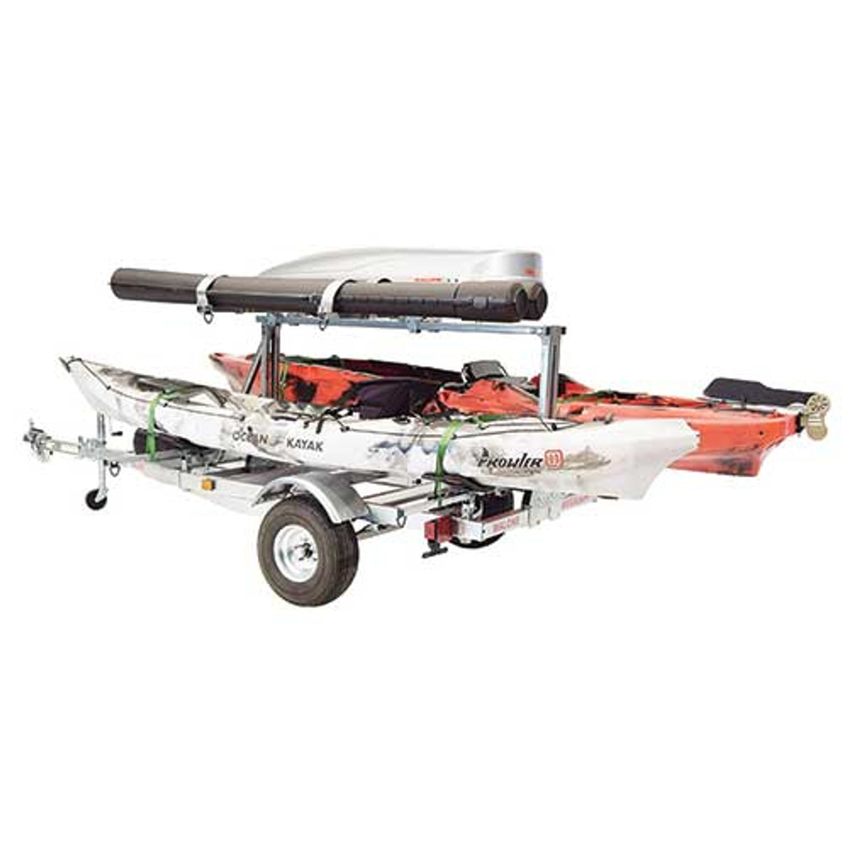 Malone MegaSport LowBed 2 Kayak Trailer Package with Spare Tire, MegaWings, Cargo Box, & Rod Tubes