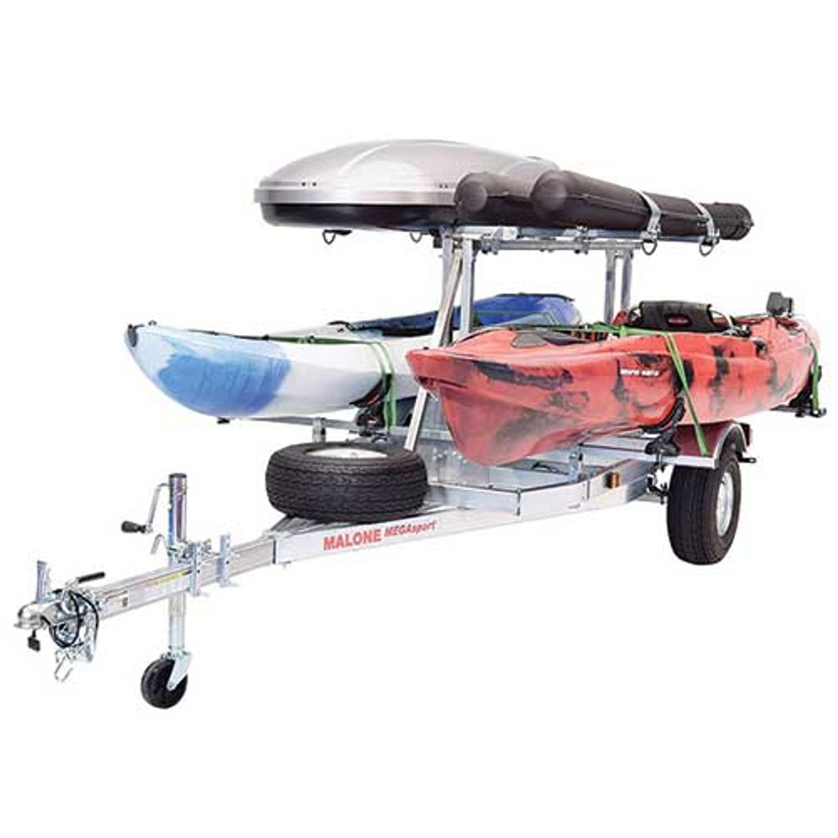 Malone MegaSport LowBed 2 Kayak Trailer Package with 2nd Tier, Spare Tire, SaddleUp Pros, Cargo Box, & Rod Tubes