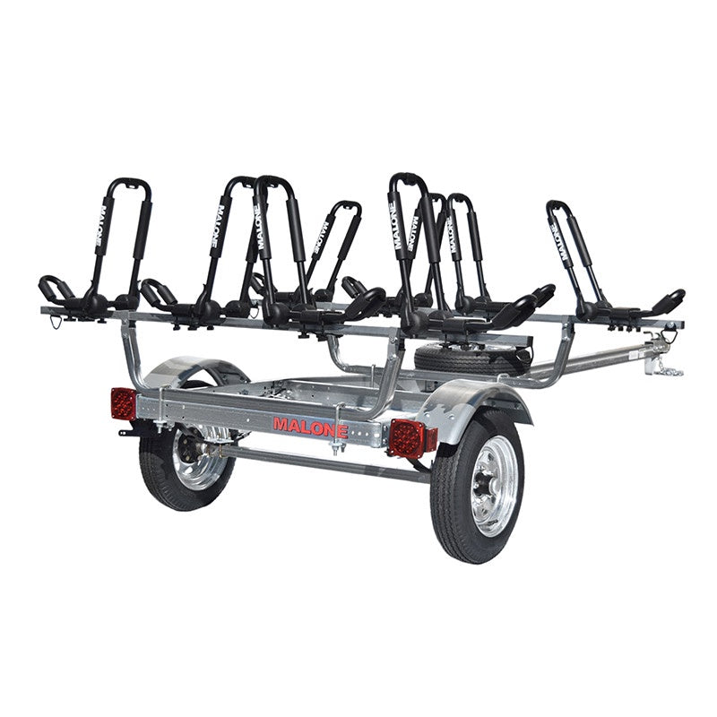 Malone MicroSport 4 Kayak Trailer Package with 4 Sets FoldAway-J Racks, Spare Tire