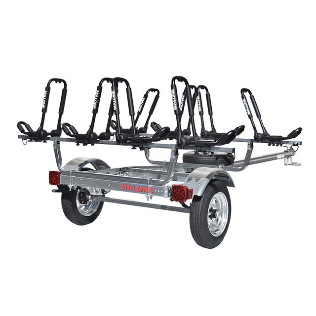 Malone MicroSport 4 Kayak Trailer Package with 4 Sets FoldAway-J Racks, Spare Tire