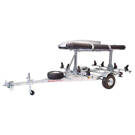 Malone MegaSport LowBed 2 Kayak Trailer Package with 2nd Tier, Spare Tire, SaddleUp Pros, Cargo Box, & Rod Tubes