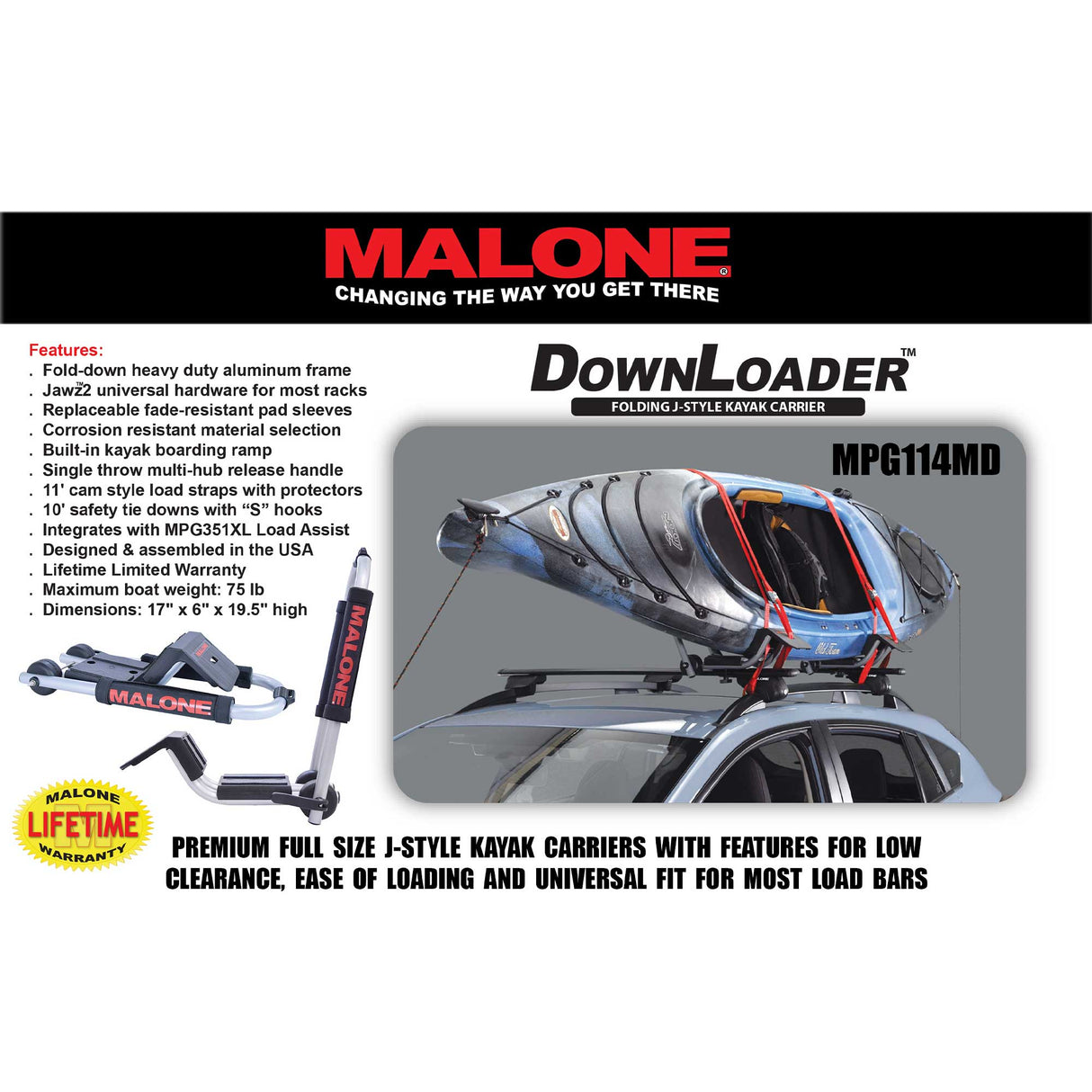 Malone DownLoader Folding J-Style Kayak Carrier with Tie-Downs, Side Loading