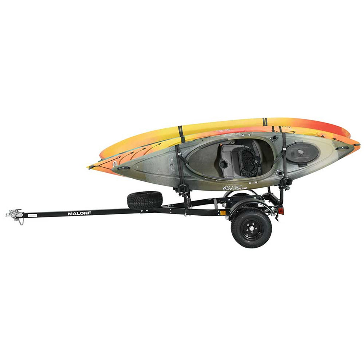 Malone MicroSport Off-Road 4 Kayak Trailer Package with 4 Sets of FoldAway-J Racks & Spare Tire