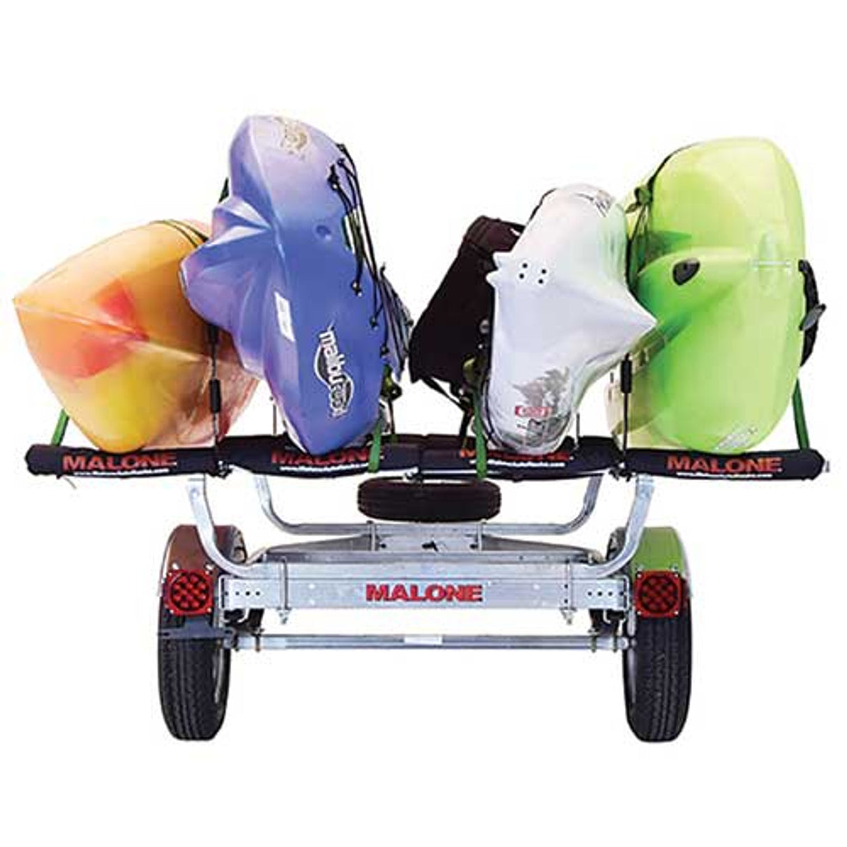 Malone MicroSport 4 Kayak Trailer Package with 2 Sets Stackers, 4 Sets Rack Pads, Spare Tire