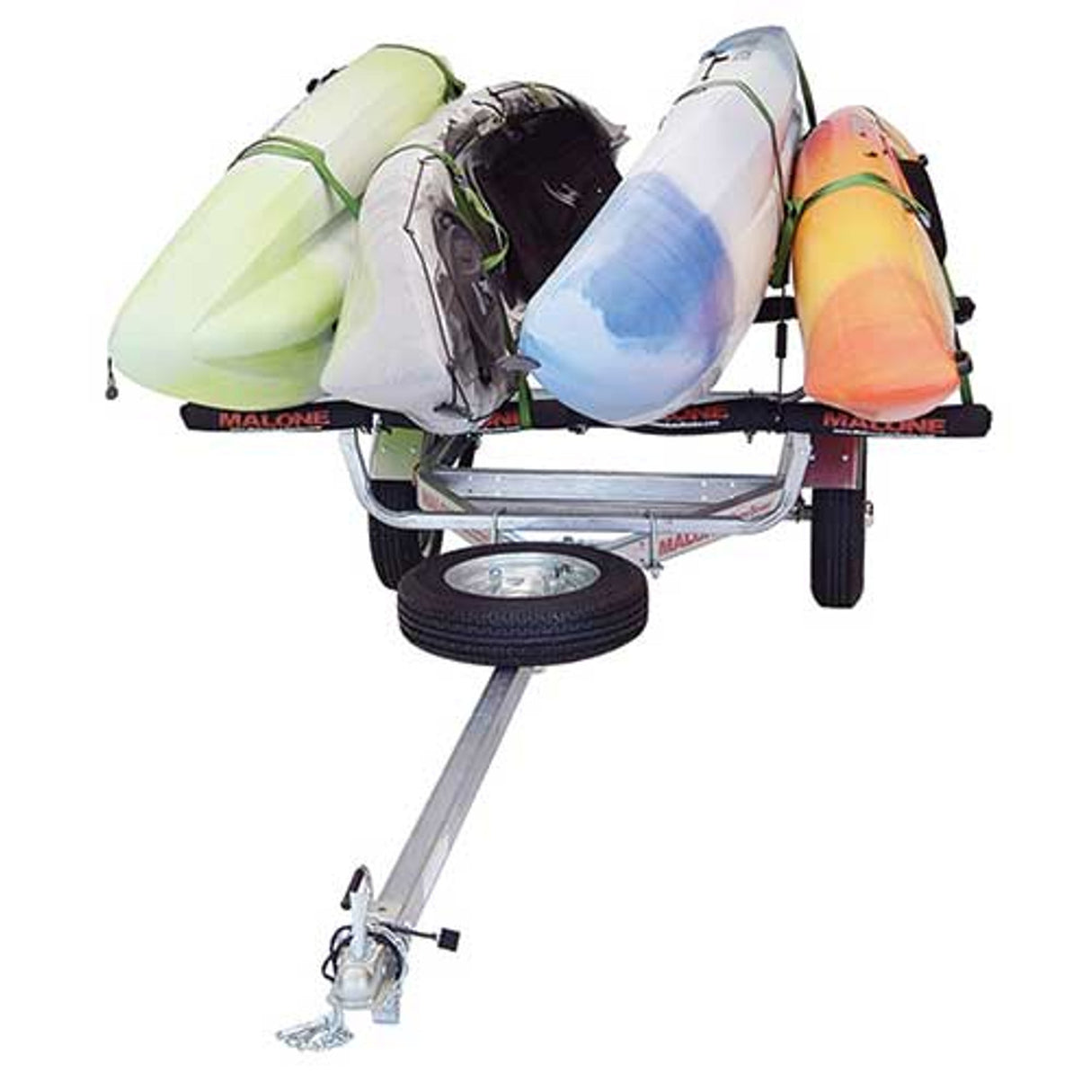 Malone MicroSport 4 Kayak Trailer Package with 2 Sets Stackers, 4 Sets Rack Pads, Spare Tire