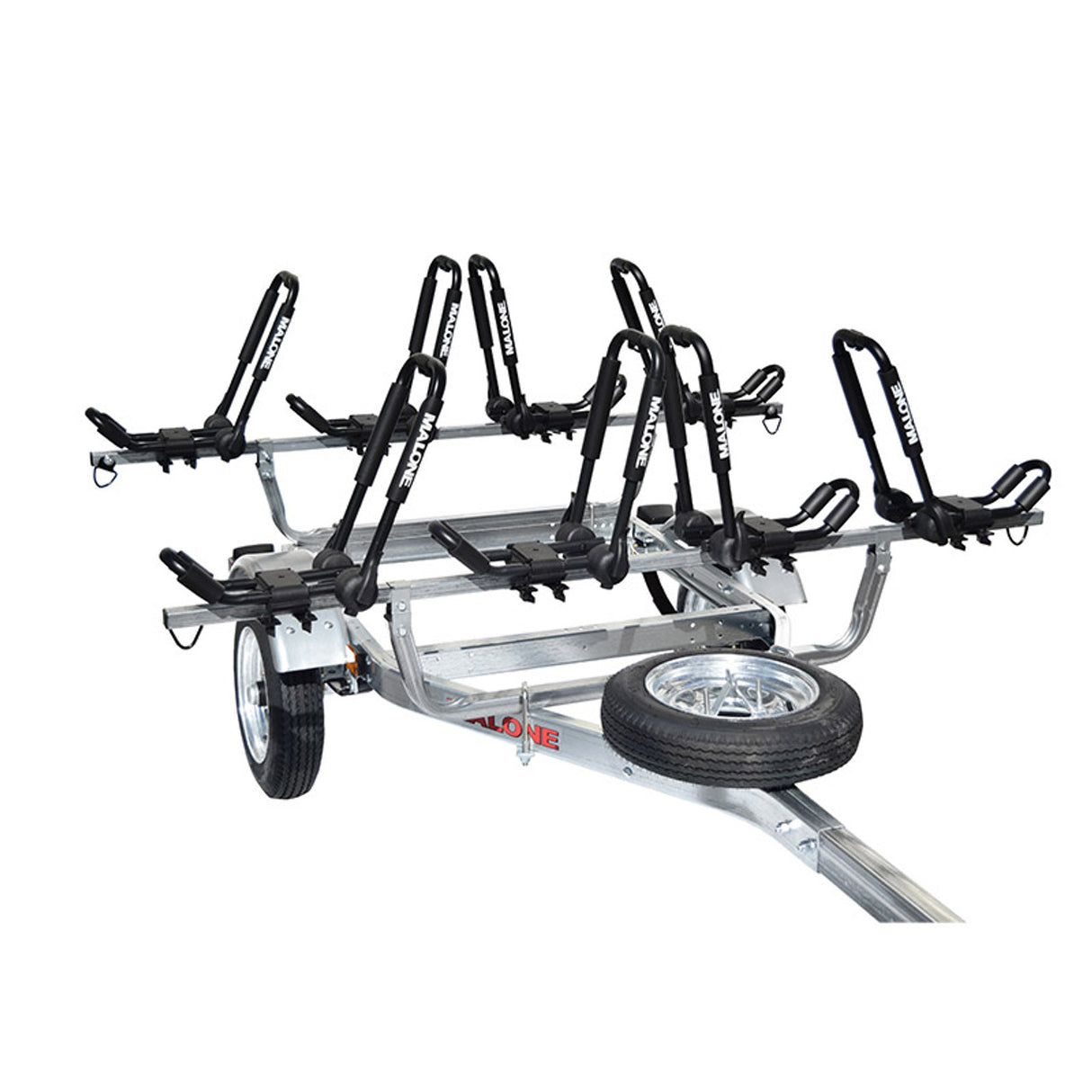 Malone MicroSport 4 Kayak Trailer Package with 4 Sets FoldAway-J Racks, Spare Tire
