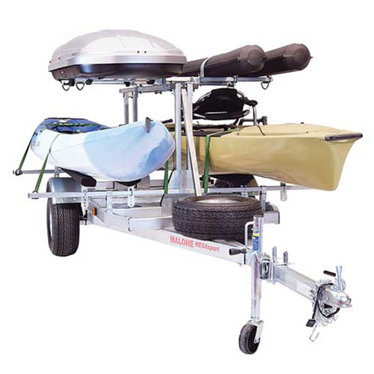 Malone MegaSport LowBed 2 Kayak Trailer Package with 2nd Tier, Spare Tire, Bunks, Cargo Box & Rod Tubes