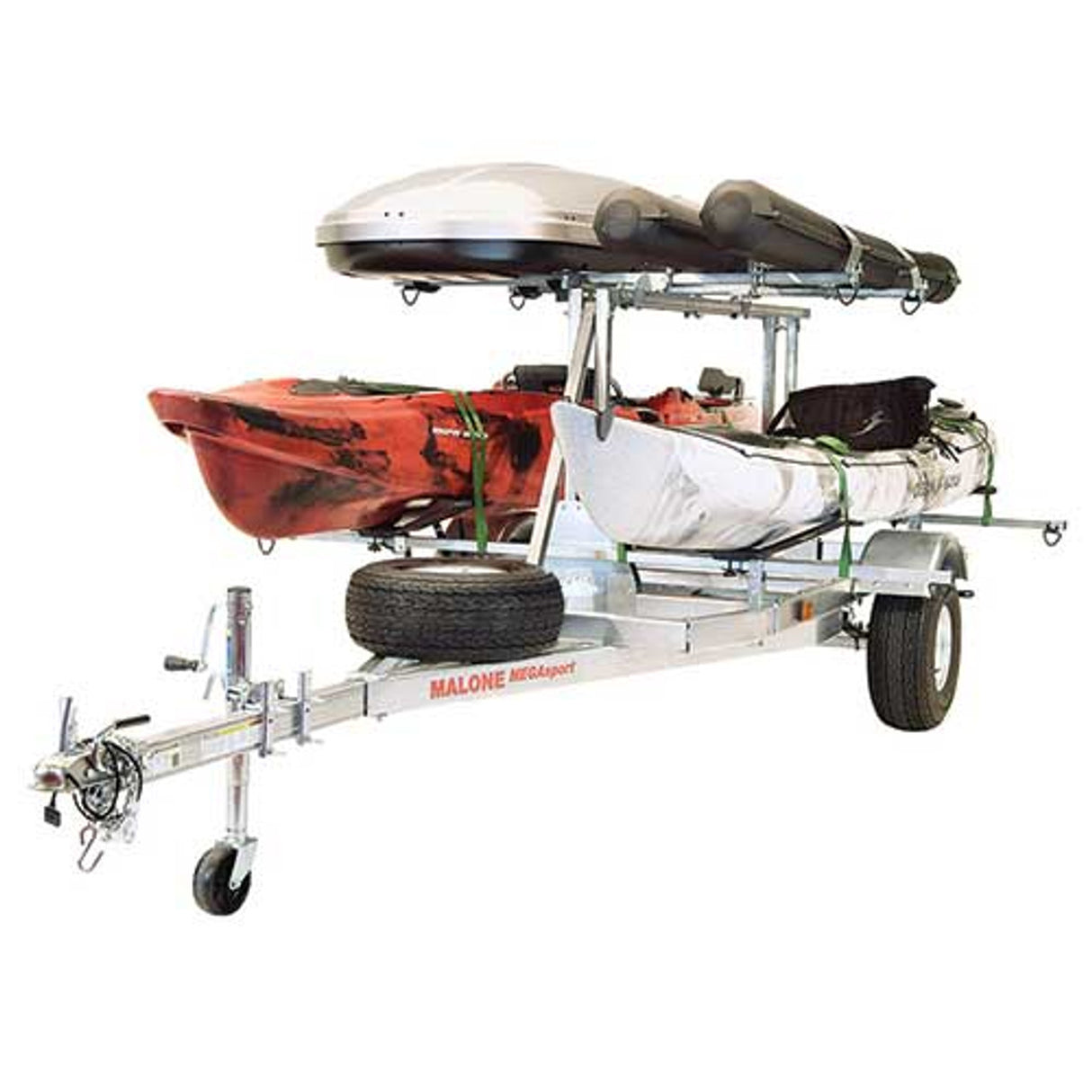 Malone MegaSport LowBed 2 Kayak Trailer Package with Spare Tire, MegaWings, Cargo Box, & Rod Tubes