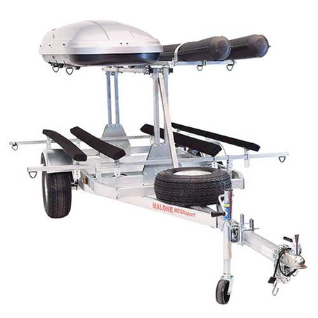 Malone MegaSport LowBed 2 Kayak Trailer Package with 2nd Tier, Spare Tire, Bunks, Cargo Box & Rod Tubes