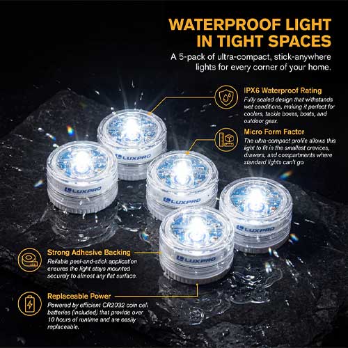 LuxPro Waterproof Micro LED Puck Lights 5 Pack